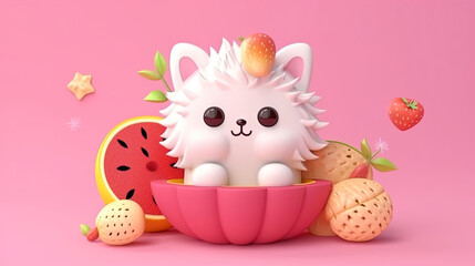 Wall Mural - Cute voluminous fruit in Asian style. Cartoon fruit with a animal. Gentle square illustration with 3d character. White animal on a pink background with sweets