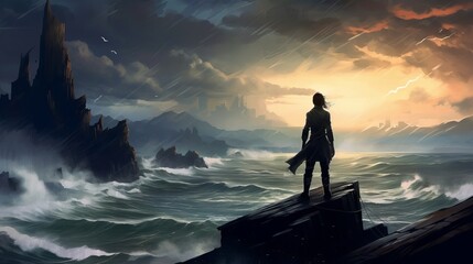Profoundly Sad Anime HD Wallpaper: Emotionally Charged Solitary Figure at Cliff's Edge Overlooking Stormy Sea - Silhouette of a Person in the Mountains, Generative AI