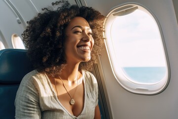 a photo of a joyful woman seated by the window on an airplane. travel concept. generative ai