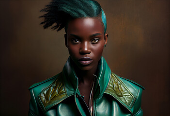 Sticker - Young African woman in a stylish green leather jacket. AI generated.