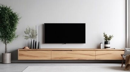 Wall Mural - Modern minimalist living room with TV. Generative AI