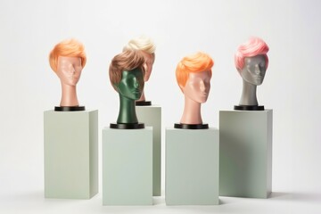 Wall Mural - Hair wig over the plastic mannequin head isolated over the white background, mockup featuring contemporary men's hairstyles, Generative AI illustration