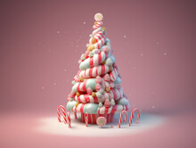 Giant Christmas Tree Cupcake Decorated With Candy Cane Against Pastel Pink Bakcground. Generative AI.