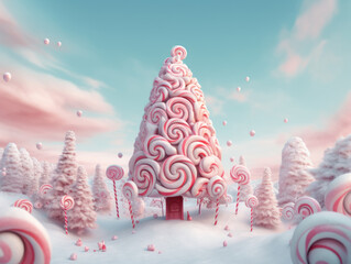Giant christmas tree in the fairy tale world decorated with candy cane. Generative AI.