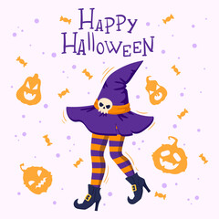 Wall Mural - Halloween witch hat and stockings legs. Witchcraft party poster, invitation card with witch hat flat vector illustration