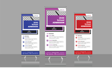 Wall Mural - Back to school admission, Rollup banner design with simple shapes for minimalistic company promotion.