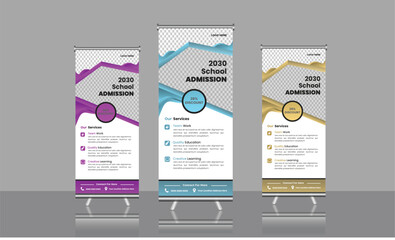 Wall Mural - Back to school admission, Rollup banner design with simple shapes for minimalistic company promotion.