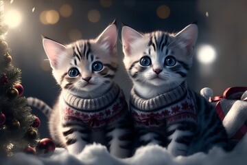 Wall Mural - Two kitten in Christmas pullover. Generative AI