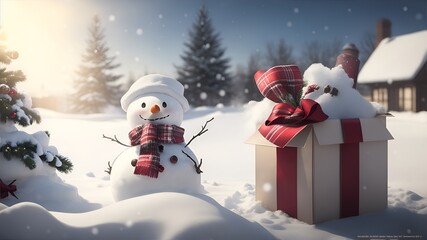 Wall Mural - Christmas banner of gift boxes on snow outside with snowman. Generative AI