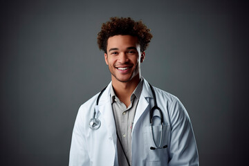 Wall Mural - Portrait of an African-American young male doctor against a gray background. Generated by AI.