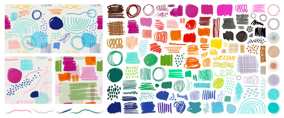 Colorful Children Marker Doodle Seamless Pattern Set. Collection of Childish freehand scribble and hand drawn marker shapes. Full Vector Background and Shapes collection.