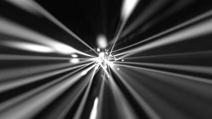Wall Mural - Black and white neon fiber optic light beams and glowing digital data particles travelling at high speed towards the camera. Full HD and looping modern technology background animation.