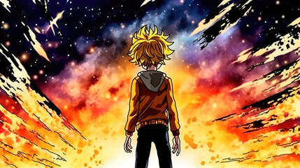 Wall Mural - a cool looking anime boy standing in front of a big sky sunset explosion, wallpaper style, ai generated image