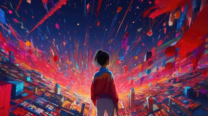 Wall Mural - an abstract dimension distort anime illustration of a girl watching the world, ai generated image