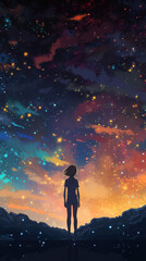 Wall Mural - a wonderful lightning night with stars and a lonely woman, vertical artwork, ai generated image