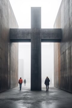 People walking towards a huge cross passage Generative AI