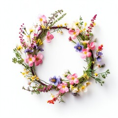 Wall Mural - Wreath of wild spring flowers on white background, created with generative AI