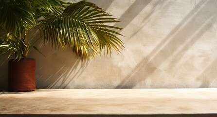 Wall Mural - Brown cement wall and floor, palm tree in vase in a sunlight, long shadow for luxury interior design decoration, product display background, Generative ai