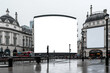 Transparent, empty,  blank billboard mockup n the middle of Piccadilly Circus, London, for outdoor advertisement and promotion for commercial marketing. Generative AI