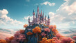 Fantasy fairytale castle on top of a hill surrounded by colourful trees during spring illustration. 