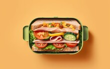 Lunch Box With Sandwich And Vegetables Top View Angle On Isolated Background Generative Ai