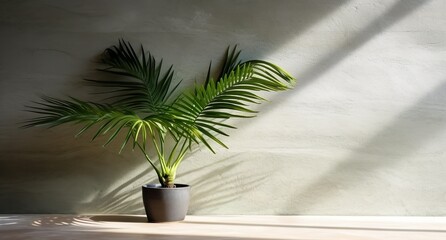 Wall Mural - Gray cement wall and floor, palm tree in vase in a sunlight, shadow, sunrays effect from window, for luxury interior design decoration, product display background, Generative ai