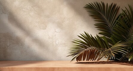 Wall Mural - Gray cement wall and floor, palm tree leaves in a sunlight, shadow, sunrays effect from window, for luxury interior design decoration, product display background, Generative ai