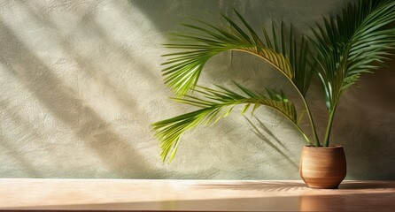 Wall Mural - Light green cement wall and floor, palm tree in vase in a sunlight, natural shadows design, for luxury interior design decoration, product display background, Generative ai