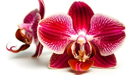 Wall Mural - Macro studio shot of red Moth orchid flowers isolated on white background. Generative AI technology.