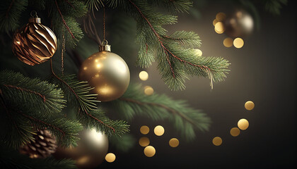 christmas tree decorations, christmas background with hanging balls and pine tree branches, generati