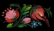Floral Collage In Ukrainian Folk Painting Style Petrykivka. Watercolor Flowers And Leaves Isolated On A Black Background