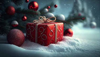 Wall Mural - Christmas gift box with ribbon, christmas gift boxes and red decorations on snow, Generative AI