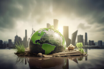 green planet earth and city, sustainable business and environmental responsibility