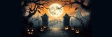 Fototapeta Big Ben - Spooky halloween night celebration with Jack O Lanterns design on dark forest background with moon and pumpkins Generative AI illustrations