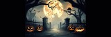 Fototapeta Big Ben - Spooky halloween night celebration with Jack O Lanterns design on dark forest background with moon and pumpkins Generative AI illustrations