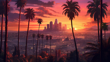 Beautiful scenic downtown Los Angeles on golden sky sunny day. Generative ai