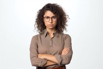 Wall Mural - Portrait of a serious young business woman with folded arms looking at camera isolated on a white background. Generative AI