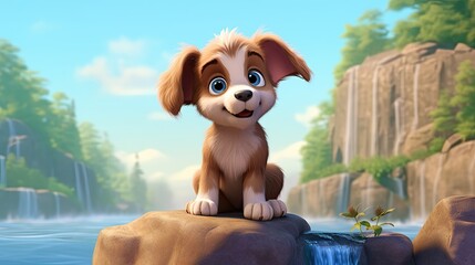 Cartoon Cutie dog with Big Eyes Perched on a Rock in a Blue Natural Wonderland. Cartoon style image.