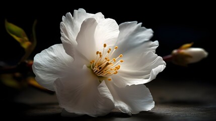 Wall Mural - Beautiful close up a branch of a white cherry blossom flower or Sakura flower dark background. Generative AI technology.