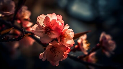 Wall Mural - Beautiful close up a branch of pink cherry blossom flowers or Sakura flowers at the tree blurry background. Generative AI technology.
