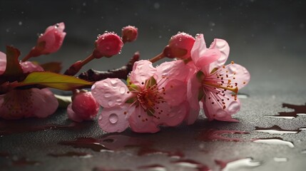 Wall Mural - Beautiful close up a branch of pink cherry blossom flowers or Sakura flowers laying down with some water droplet. Generative AI technology.