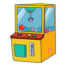 Yellow Crane game doll machine.
Claw machine with colorful plush toys. 
vector illustration in flat cartoon style.