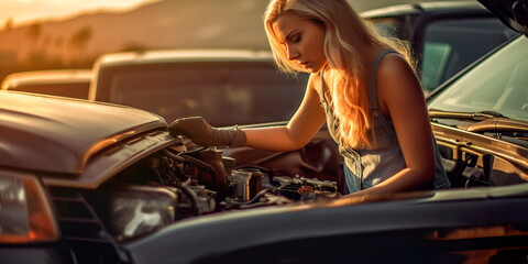 Wall Mural - woman using a diagnostic tool to identify and fix a problem with the car's computer system Generative AI