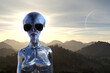 © Bert Folsom - Illustration of a smiling blue skin female alien wearing a shiny bodysuit and sunglasses on an exoplanet.
