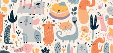 Abstract Doodles. Baby Animals Pattern. Fabric Pattern.  Illustration With Cute Animals. Nursery Baby Pattern Illustration, Generative AI