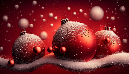 Wall Mural - Red christmas ball on snow, Background of red and snow for Christmas with hanging ornaments, Generative AI
