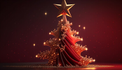 Wall Mural - Christmas tree with stars, Christmas star tree with glitter on a crimson background, Generative AI