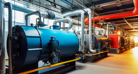  Interior of modern industrial boiler room - large metal tanks and pipes, heat generation industry concept. Generative AI