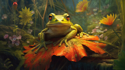 Wall Mural - A beautiful marsh frog on a green leaf of a lily. Amphibian created in AI.