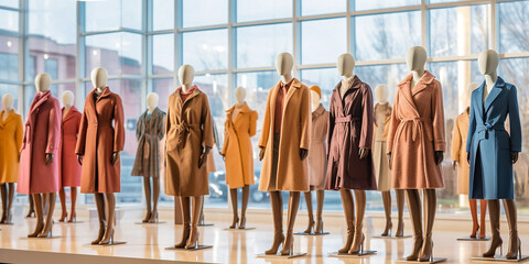 Wall Mural - Female mannequins in autumn coats in the store. Generative Ai